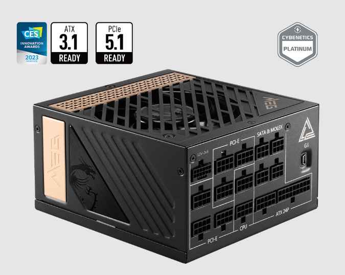 MSI MEG AI1300P PCIE5 / FUENTE DE PODER DE 1300W / FULL MODULAR / 80+ PLATINIUM / CONECTOR 12VHPWR / ATX 3.1 / CONDENSADORES JAPONESES / ATX